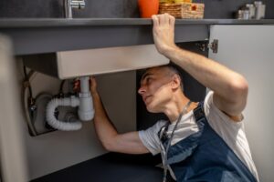 Blog 7 Master plumber from An Affordable Plumber repairing pipes under a sink in a Littleton, CO home